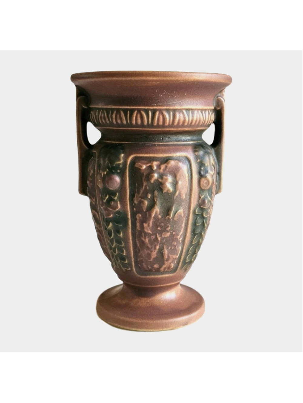 Roseville Pottery Florentine Brown Double Handled Urn Vase - 6"